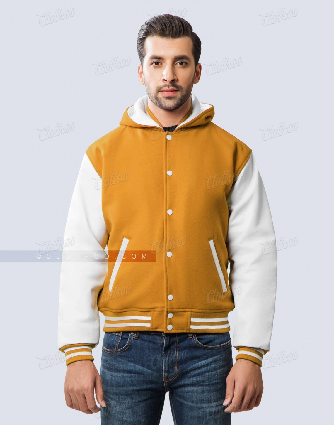 Hooded letterman jacket in gold and white