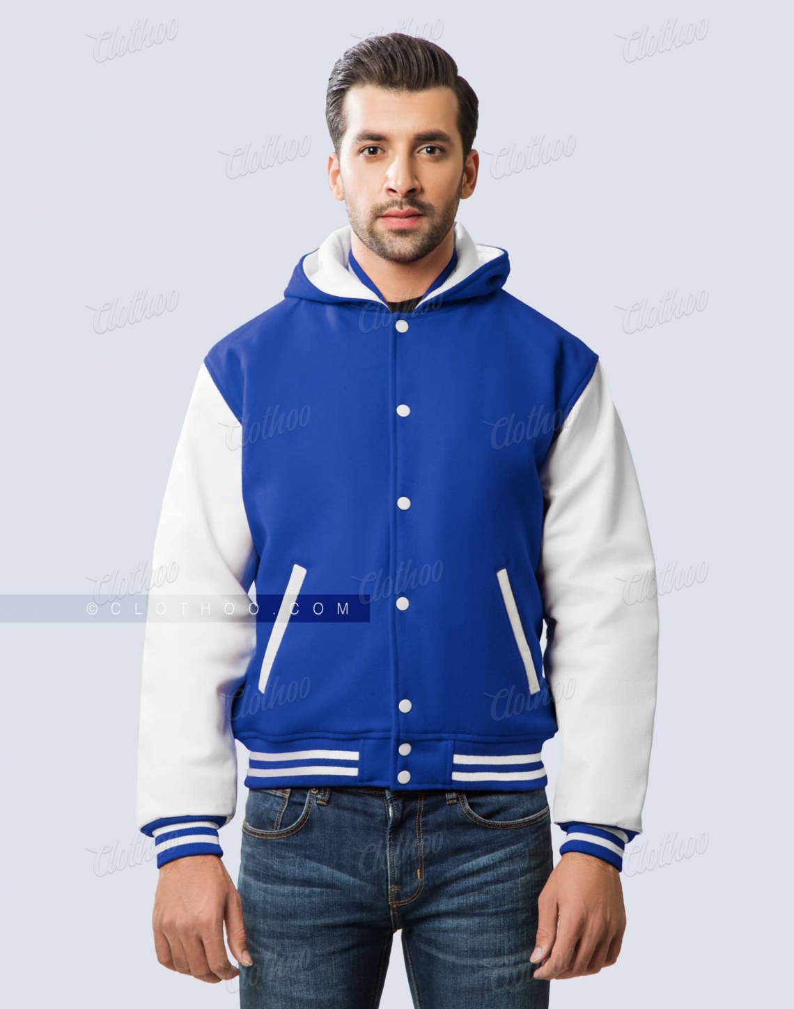 Royal blue letterman jacket with hood and white leather sleeves