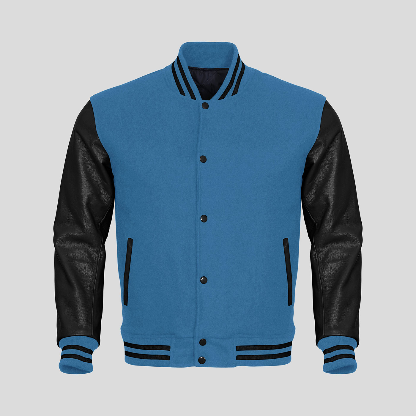 Black Leather Sleeves Sky Blue Wool Varsity Jacket
