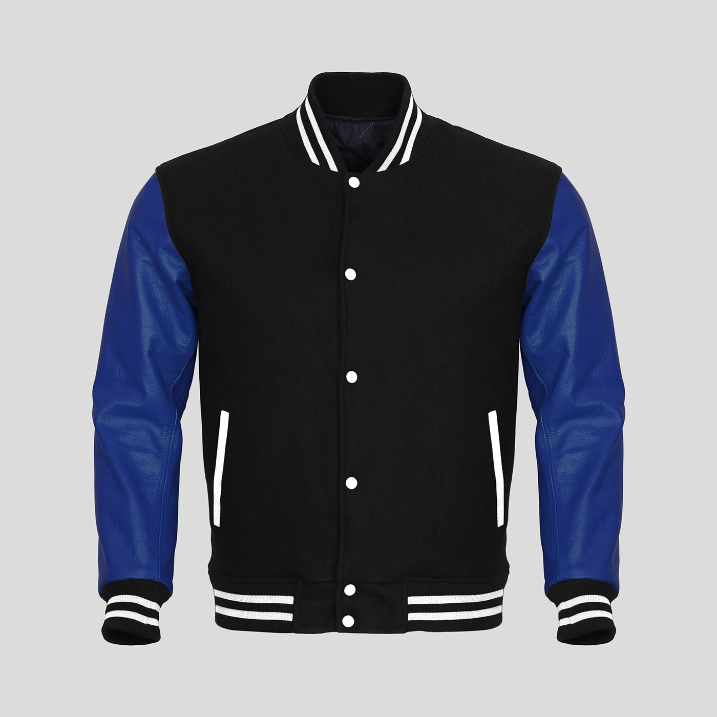 Blue Leather Sleeves Black Wool Varsity Jacket