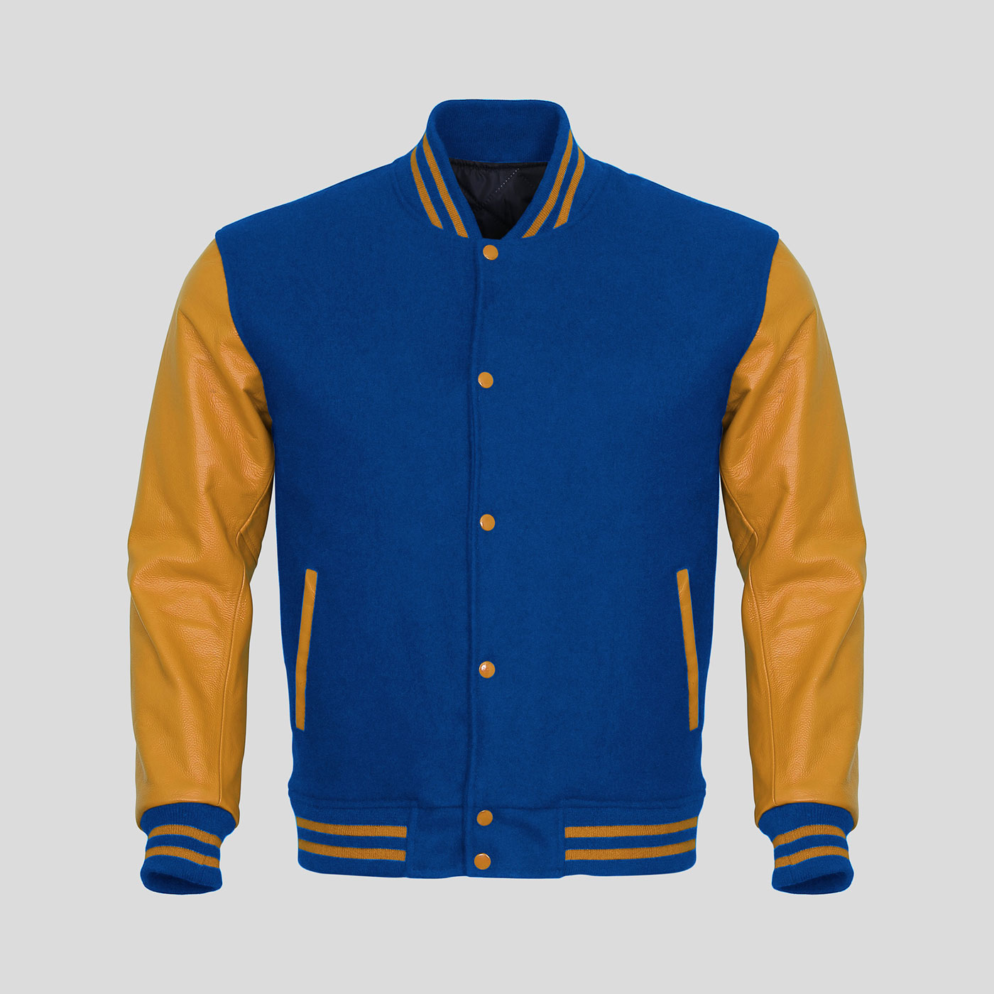 Gold Leather Sleeves Blue Wool Varsity Jacket