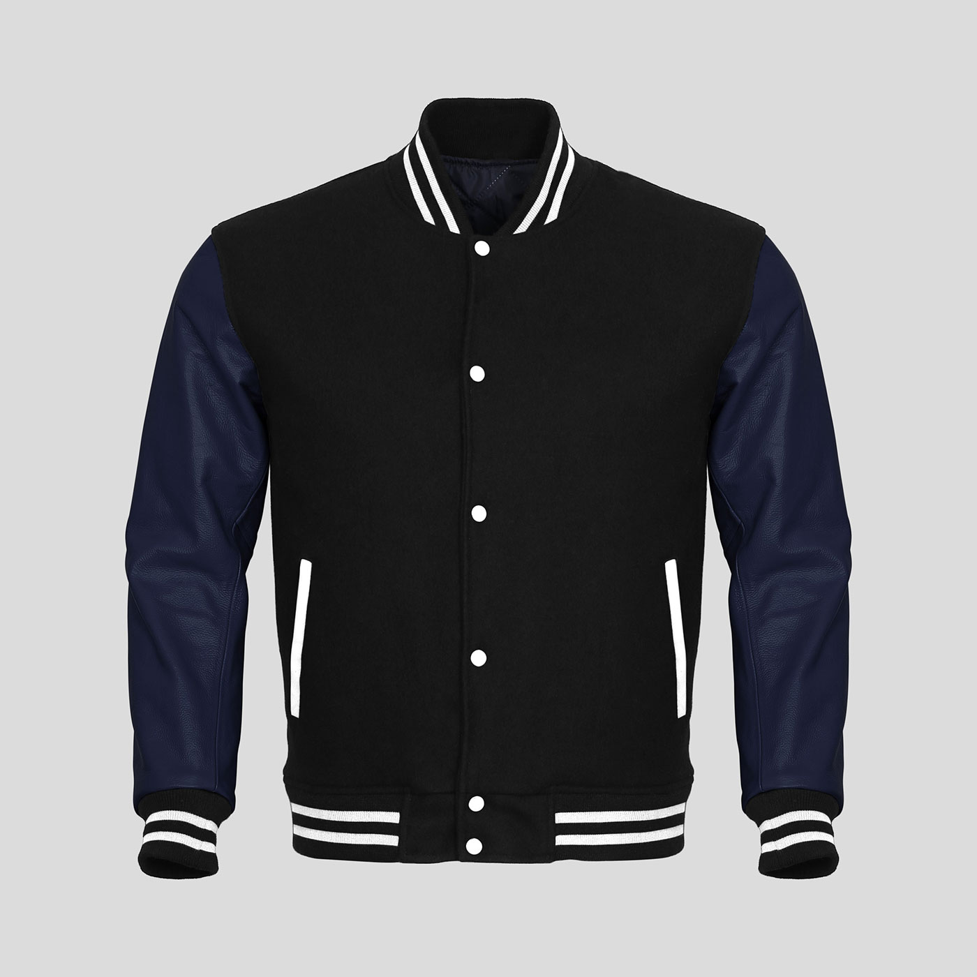 Navy Blue Leather Sleeves Black Wool Letterman Jacket