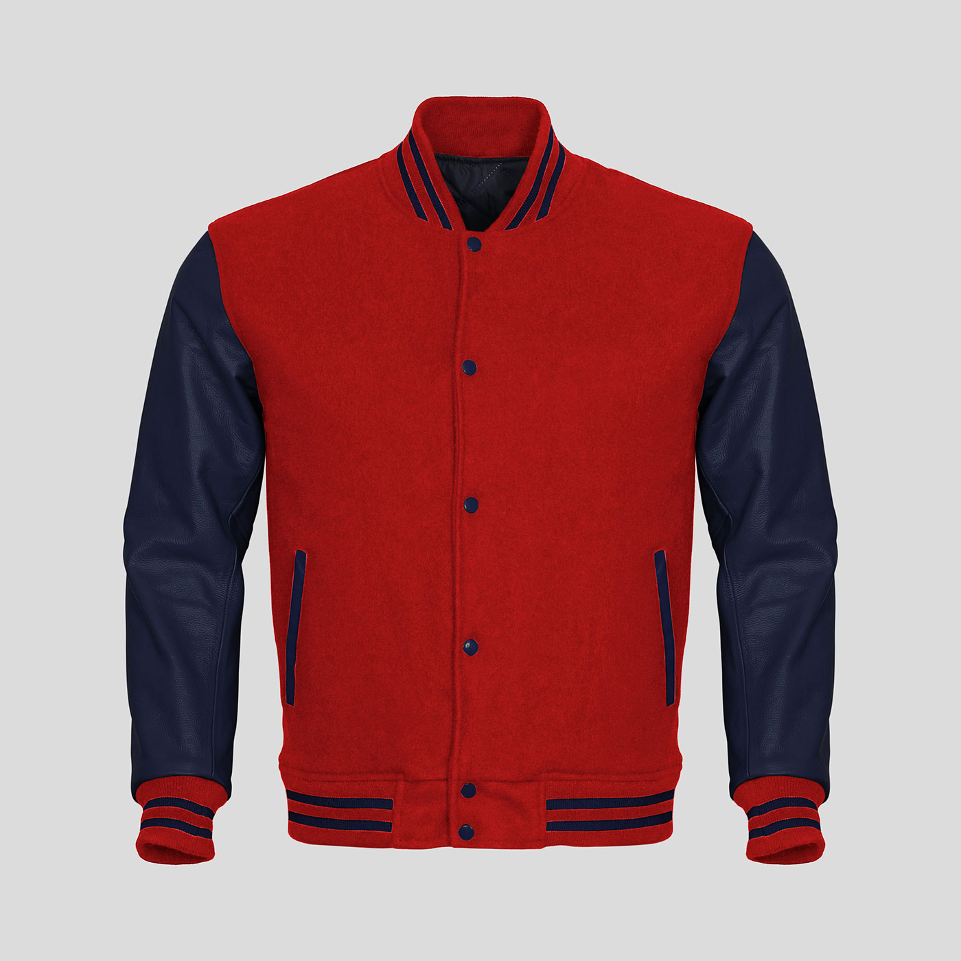 Navy Blue Leather Sleeves Red Wool Varsity Jacket