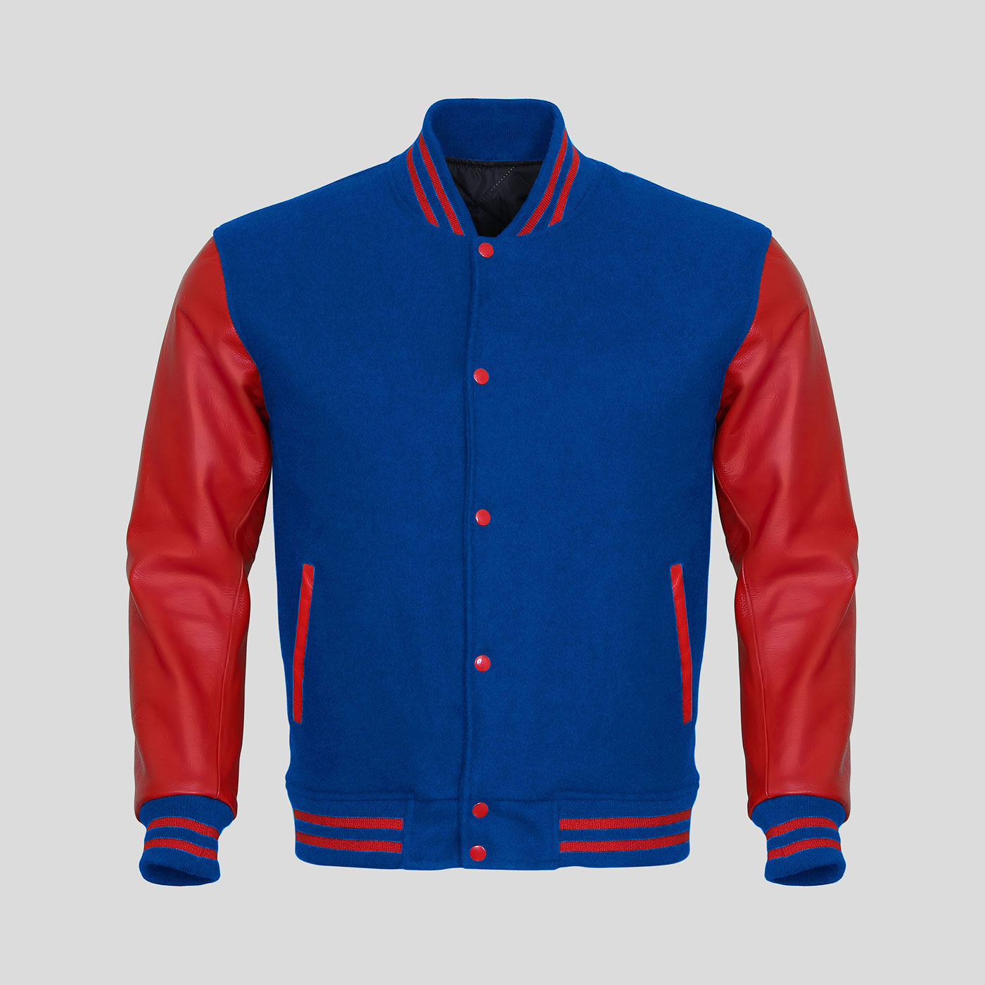Red Faux Leather Sleeves Blue Wool Varsity Jacket