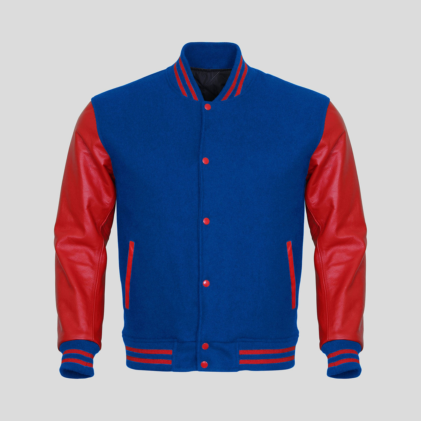 Red Leather Sleeves Blue Wool Varsity Jacket