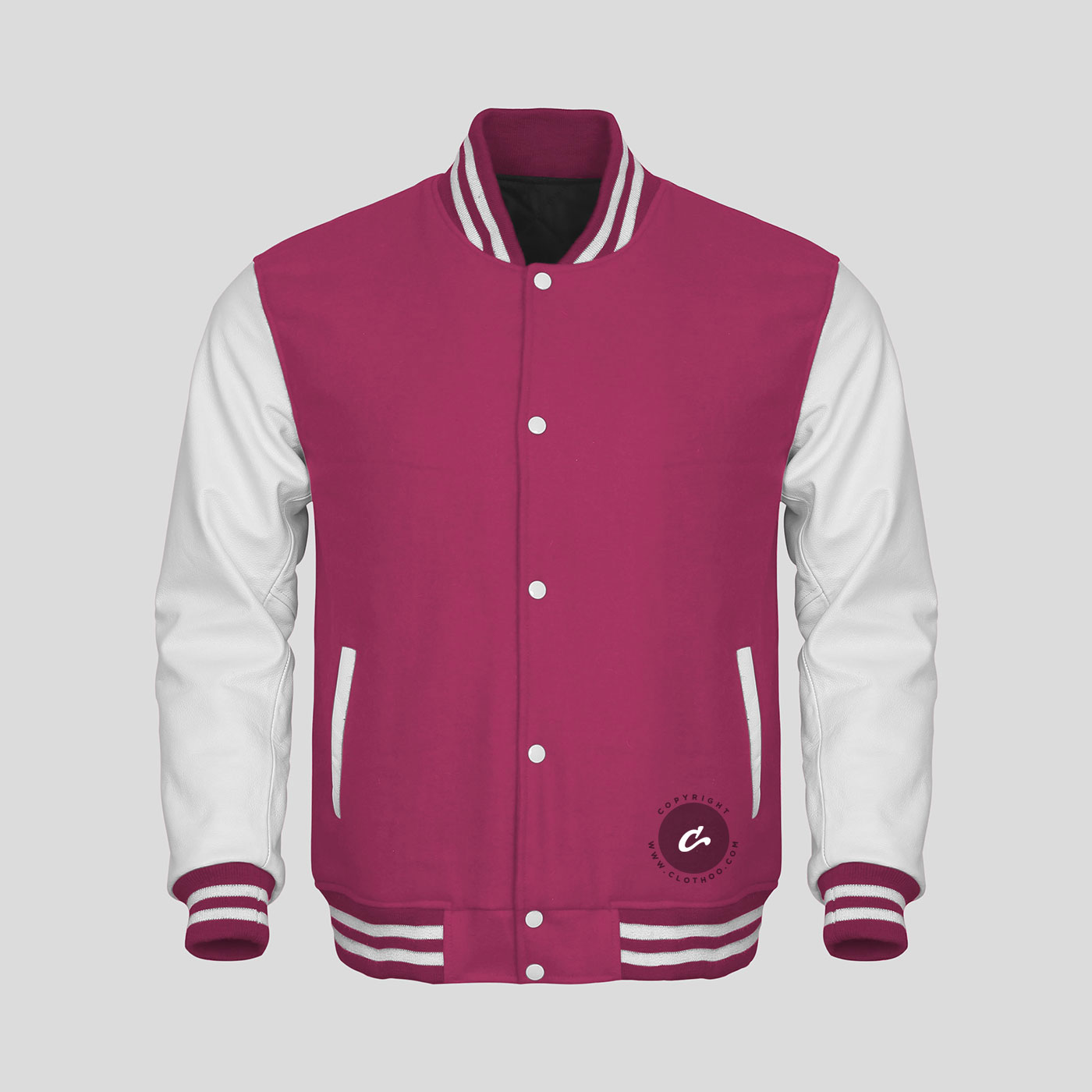 White Leather Sleeves Pink Wool Varsity Jacket