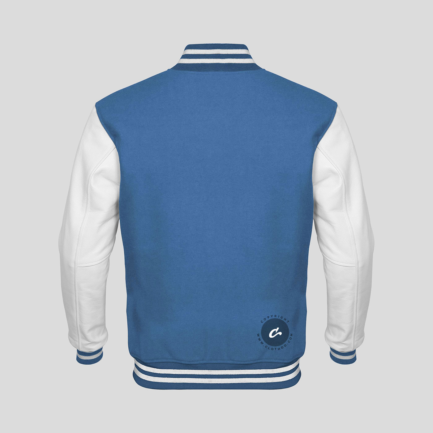 White Leather Sleeves Sky Blue Wool Varsity Jacket