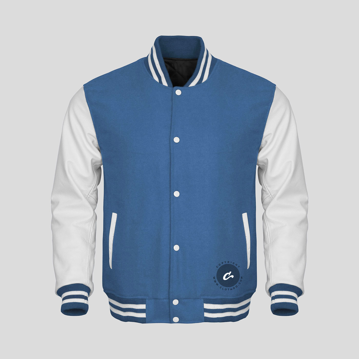 White Leather Sleeves Sky Blue Wool Varsity Jacket