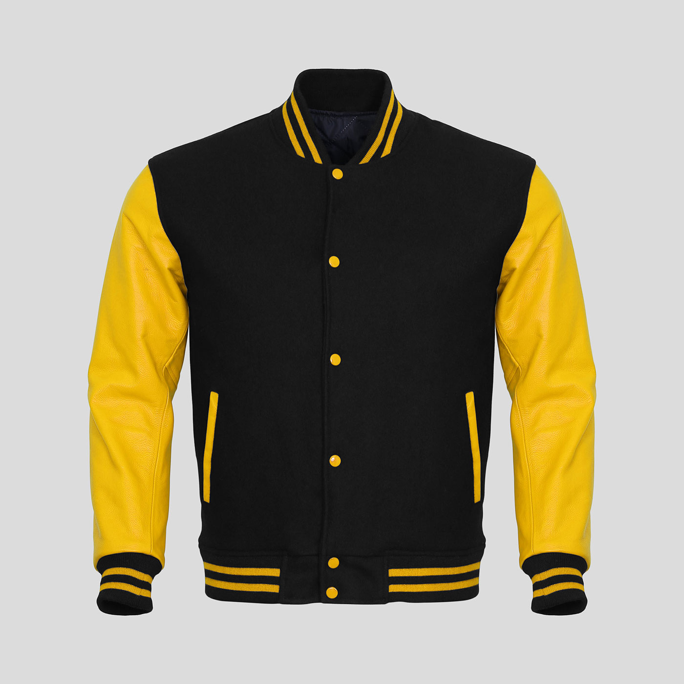 Yellow Leather Sleeves Black Wool Letterman Jacket