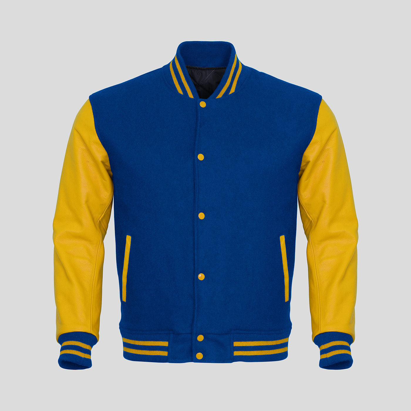 Yellow Leather Sleeves Royal Blue Wool Varsity Jacket