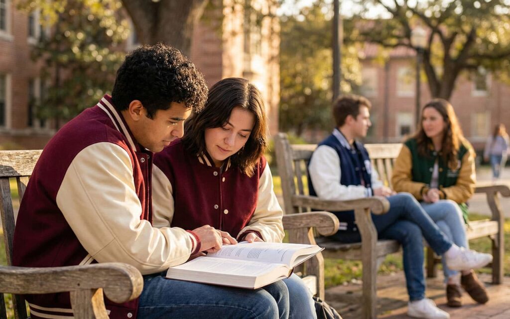 students in maroon varsity jackets studying on a campus bench
