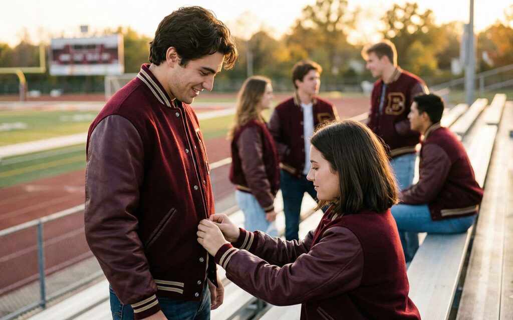 students checking maroon varsity jacket fit on school bleachers