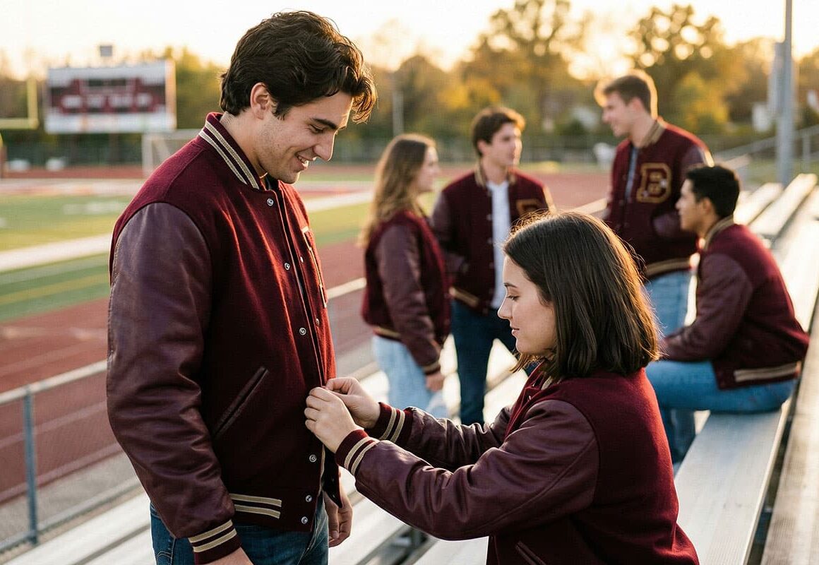 students checking maroon varsity jacket fit on school bleachers