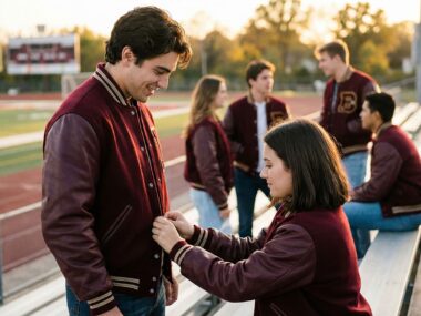 students checking maroon varsity jacket fit on school bleachers