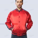 Sleeves Striped Satin Jacket in Letterman Style