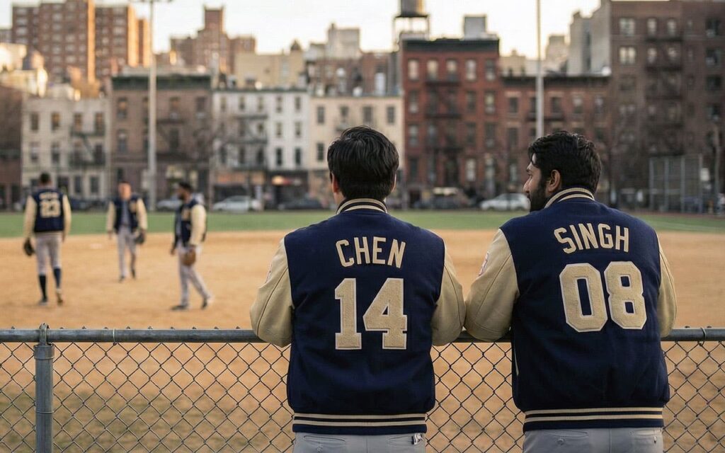 baseball team wearing letterman jackets lined up by dugout
