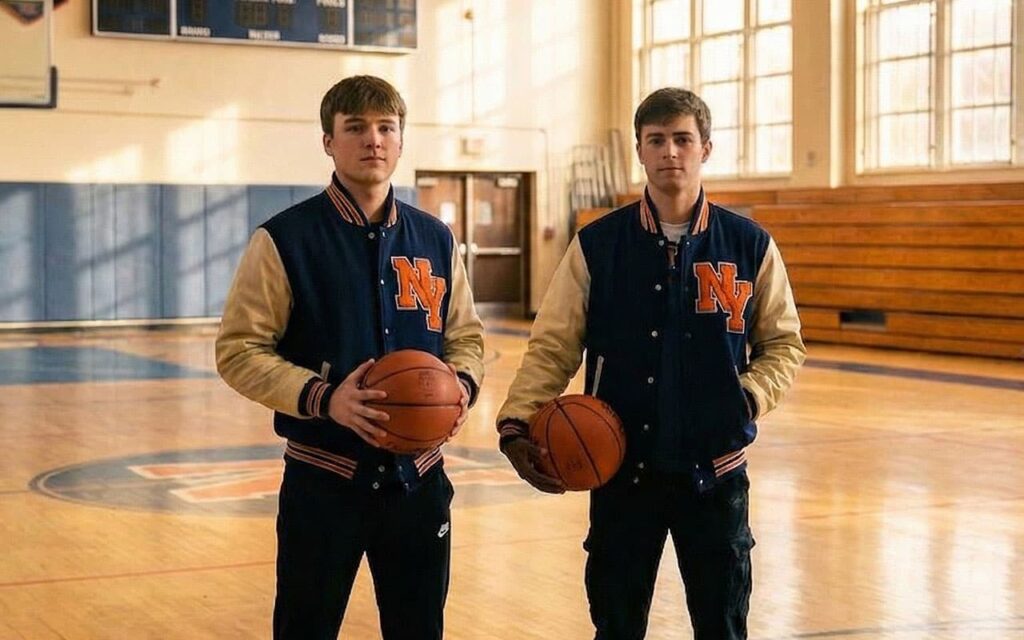 Players holding ball and wearing NYC jackets.