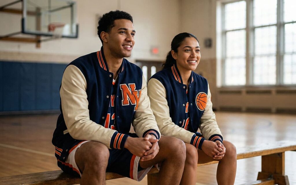 Basketball team sitting on a bench wearing team jackets. 