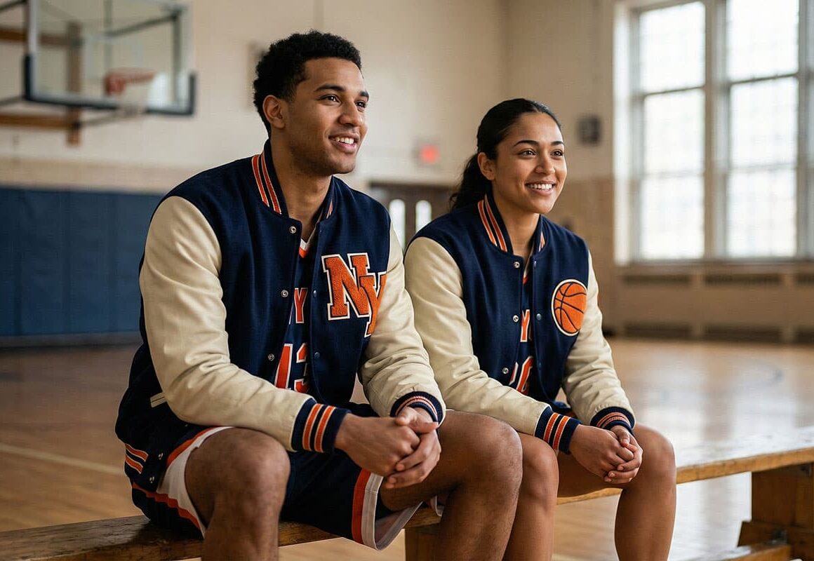 Basketball team sitting on a bench wearing team jackets.