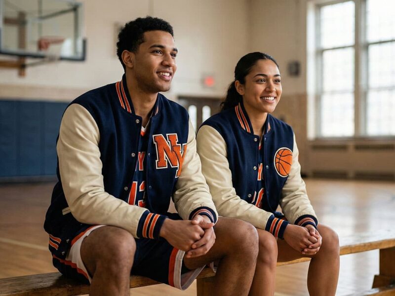 Basketball team sitting on a bench wearing team jackets.