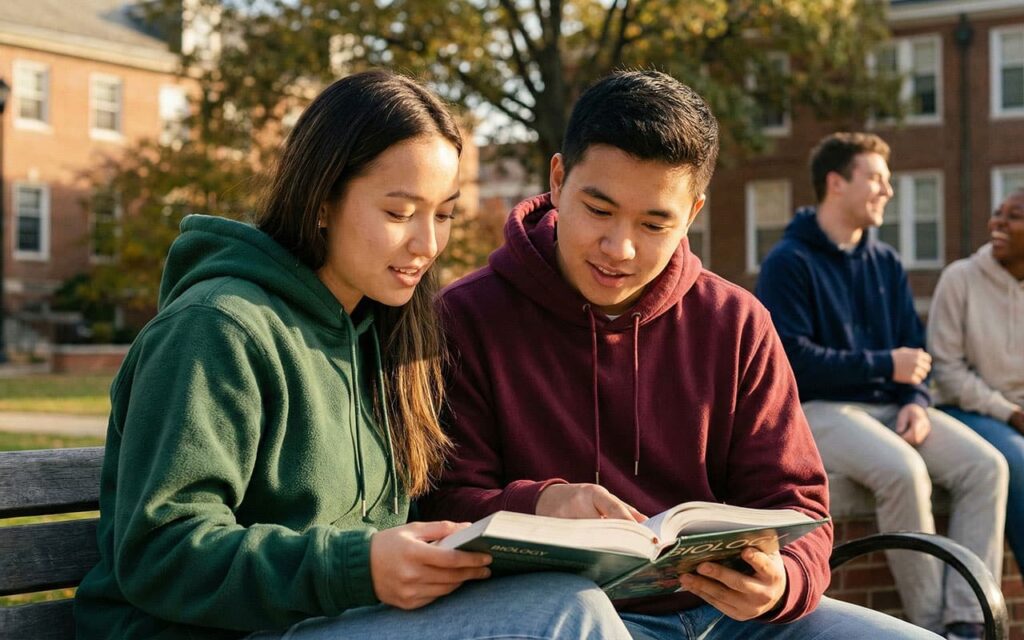students wearing blank custom fleece hoodies in campus