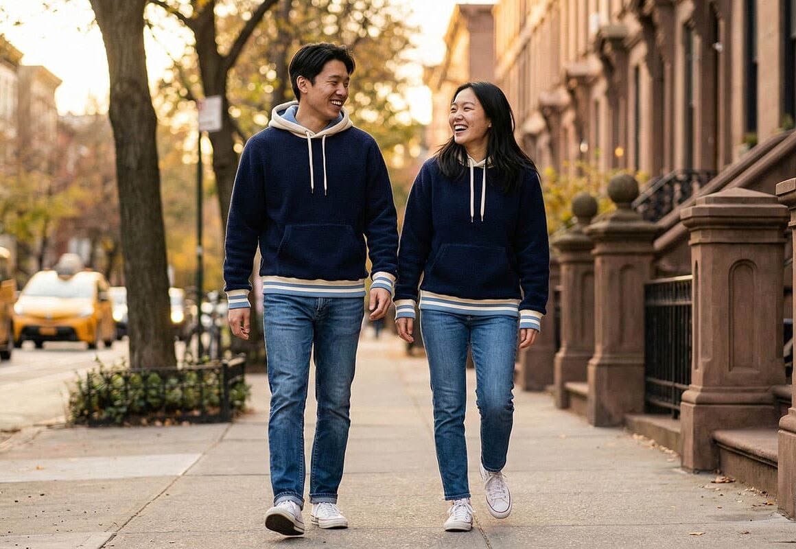 couple walking on the New York street wearing custom fleece hoodies