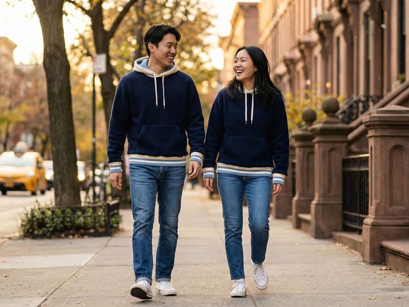 couple walking on the New York street wearing custom fleece hoodies