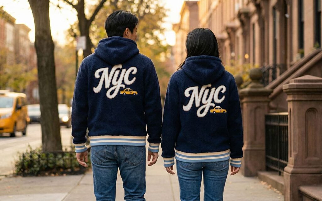 couple wearing custom fleece hoodies with NY printing on the back