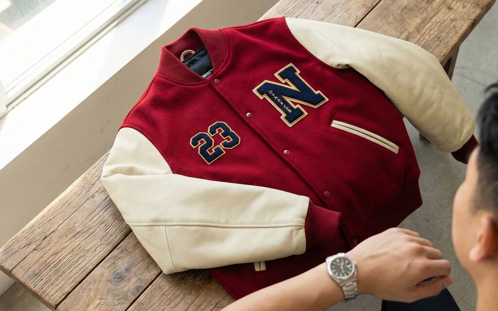 close-up of men’s letterman jacket materials and chenille patches