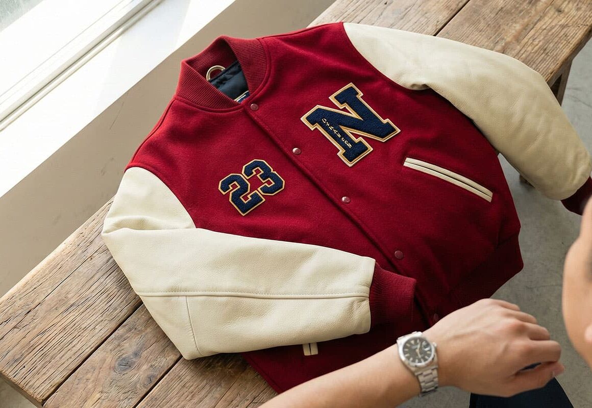 close-up of men’s letterman jacket materials and chenille patches