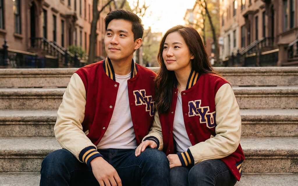 young adults in custom men’s letterman jackets on New York campus steps