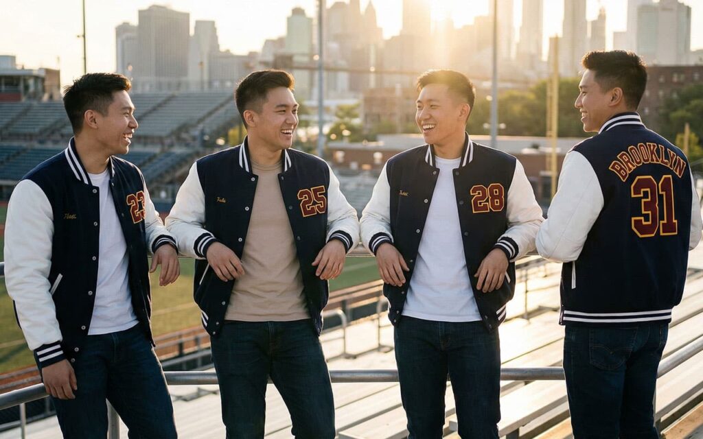 group of young men wearing matching custom letterman jackets in stadium stands