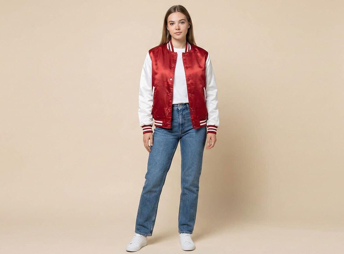 American woman wearing a red custom satin baseball jacket in a clean studio