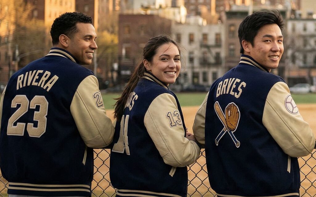 Team players smiling while wearing identical jackets.