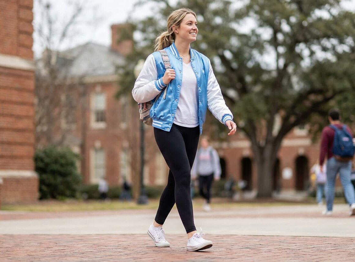 university girl wearing sky blue satin varsity jacket
