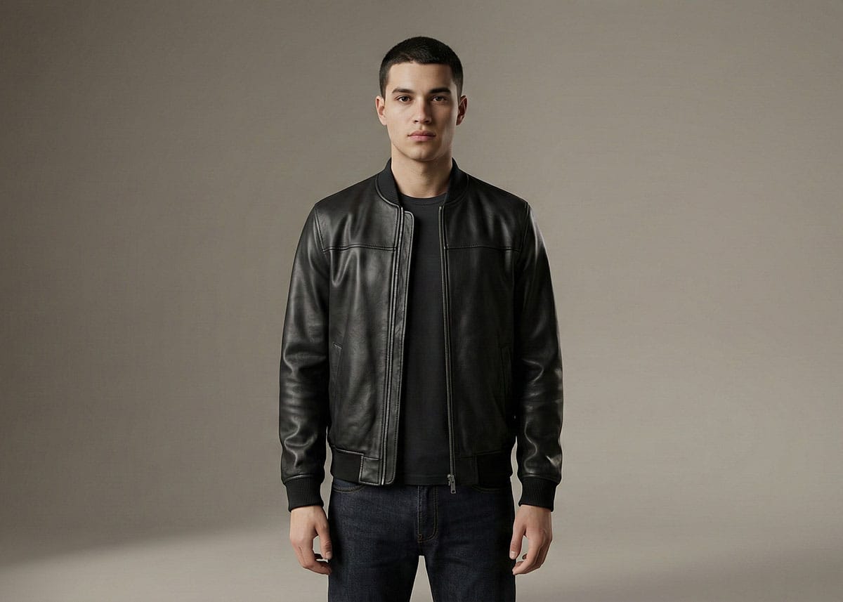 Black sheep leather bomber jacket on male model in studio