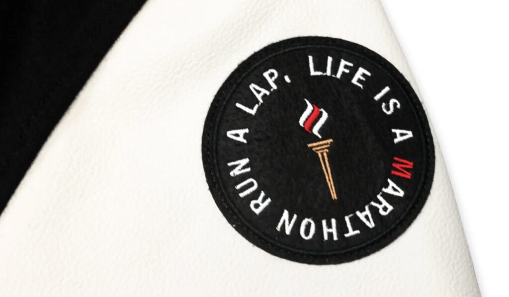 Chenille torch patches on letterman jacket