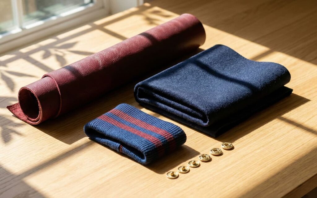 leather, wool fabric, snaps and knit closeup by clothoo