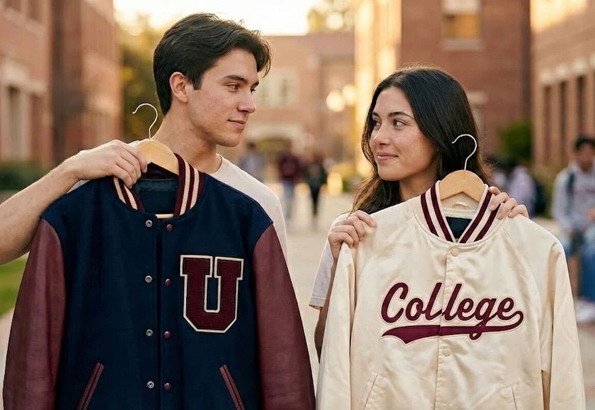 close-up of wool body and leather sleeves on varsity jacket worn by college students on campus