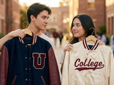 close-up of wool body and leather sleeves on varsity jacket worn by college students on campus