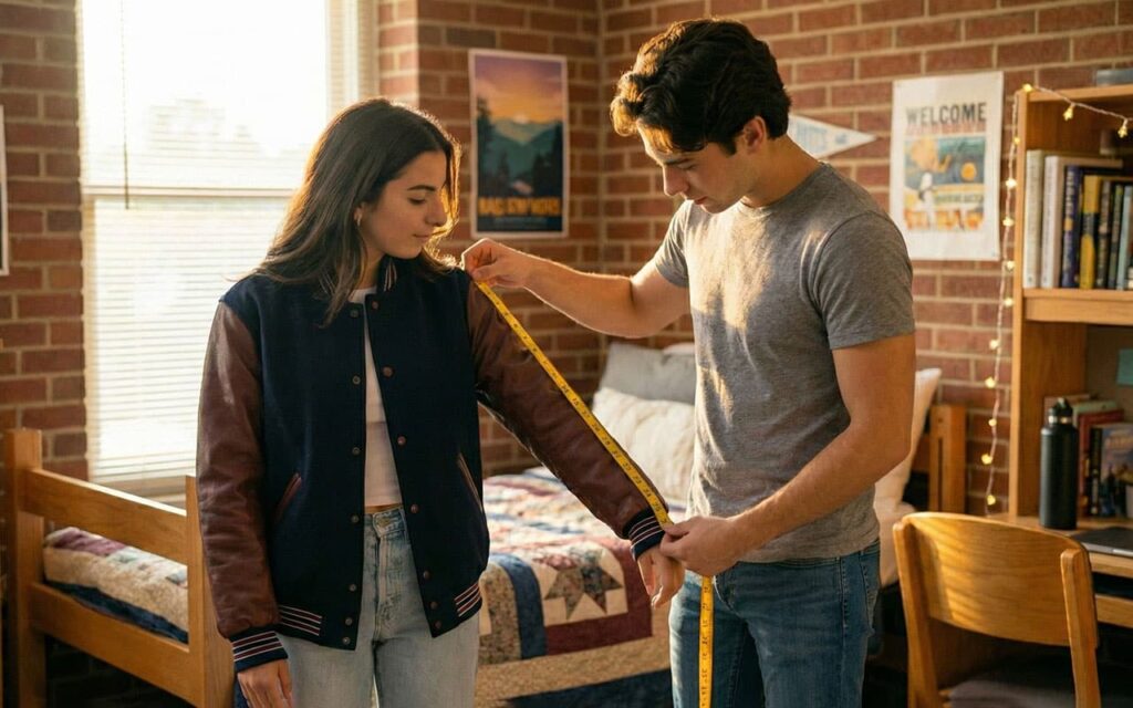 Student trying on varsity jacket while friend checks sizing with measuring tape.