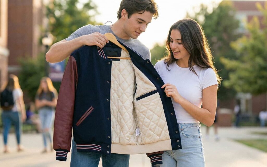 open varsity jacket on table showing quilted lining and neat inside stitching