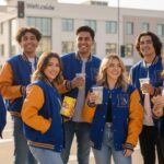 students wearing orange and royal blue jackets