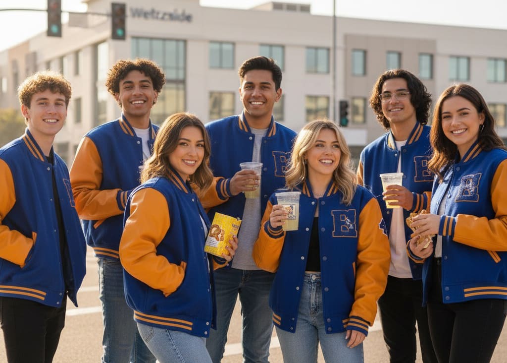 students wearing orange and royal blue jackets