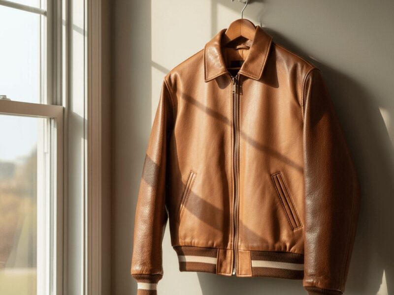 Brown Nappa Leather Bomber Jacket By Clothoo
