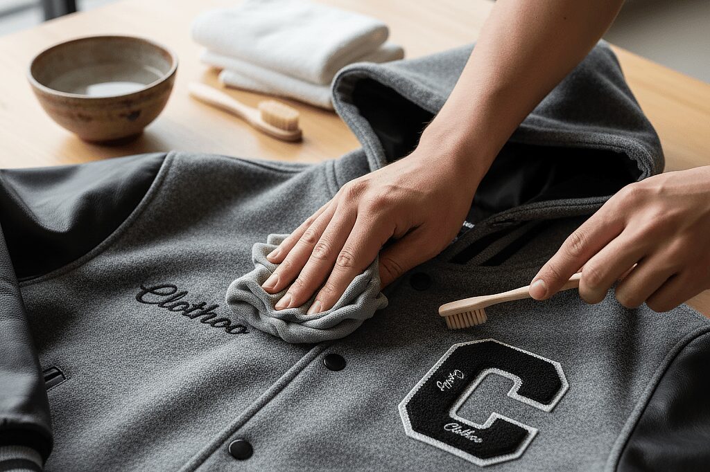 How to clean patches and embroidery on a varsity jacket with brush. Clothoo com
