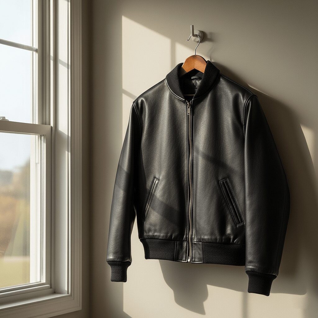 Black Sheepskin Leather Bomber Jacket by Clothoo