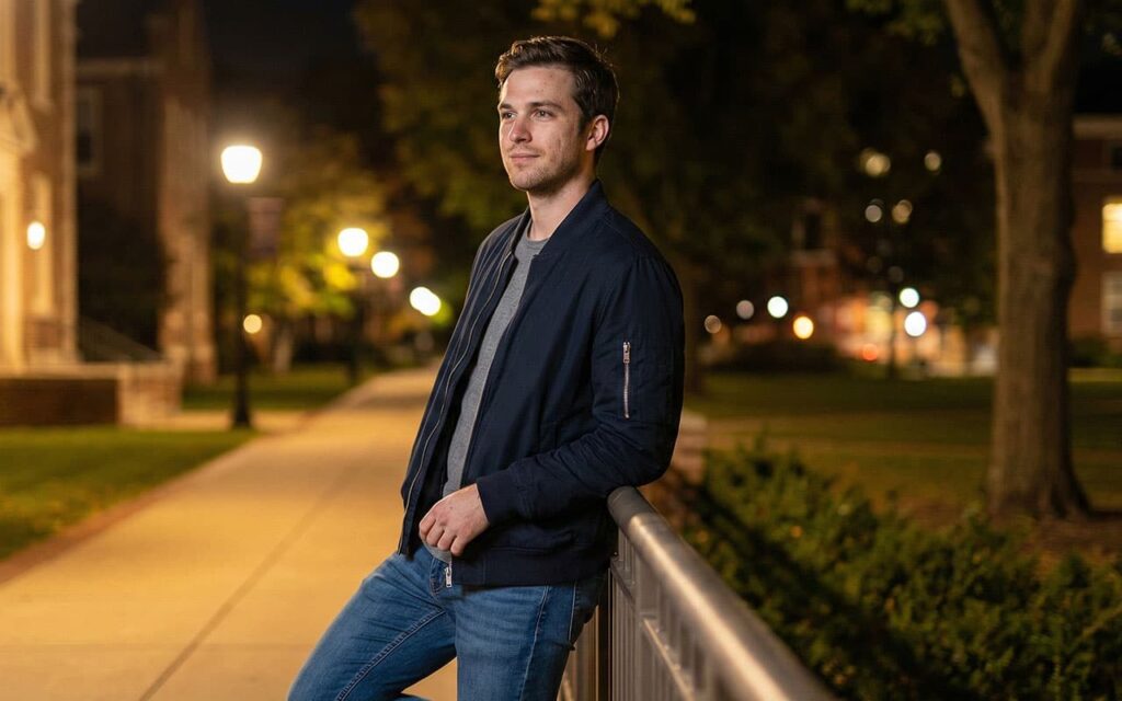 student in dark bomber jacket at night on campus