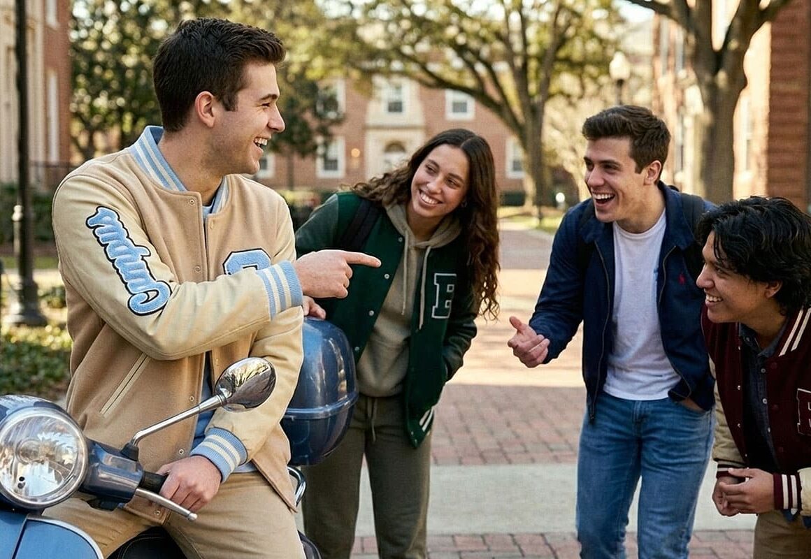 Group of students wearing varsity jackets on a U.S. city street