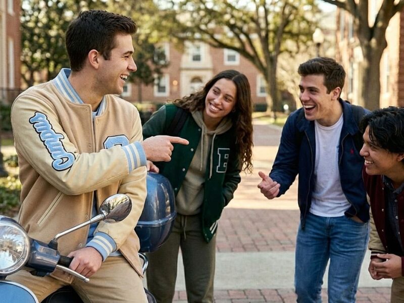 Group of students wearing varsity jackets on a U.S. city street